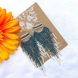 Long Fringe Hand Beaded Earrings Southwest Western Dangles Boho Blue & Ivory